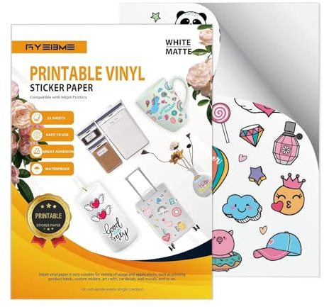 Ryebme Vinylfolie Sticker Papier zum Bedrucken - 25 Blatt Matt Weiß Bedruckbares Vinyl Aufkleberpapier Für Tintenstrahldrucker, Trocknet Schnell Lebendige Farben, Selbstklebendön & Trocknet Schnel