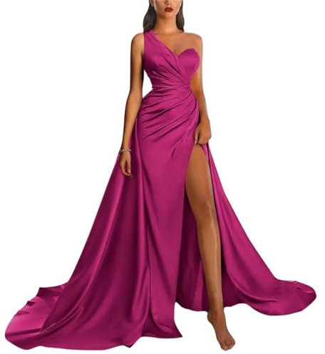 Vestido largo de fiesta de un hombro con abertura, vestido de noche de satén para mujer, Fucsia Oscuro a, 46