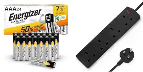Energizer AAA Batteries, Alkaline Power, 24 Pack, Triple A Battery Pack & DESIRETECH Black Electric Extension Lead 4 Gang 2 Metre | 2m Long Cable