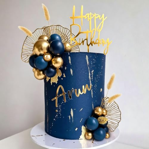 Boho Cake Topper With Gold Blue Balls, Palm Leaves, And Grass For Wedding, Birthday, Or Themed Party Supplies (Blue)