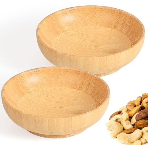 ZTHapwa Small Bamboo Wooden Bowls Set of 2, Round Shallow Serving Bowls for Charcuterie/Fruit/Candy, 4 Inch Handmade Dipping Dishes for Spice/Salsa/Tomato Sauce