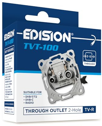 EDISION Antenna Socket Universal TVT-100, Pass-Through Socket TV-R Flush-Mounted 2-Hole Suitable for Terrestrial DVB-T/T2, Cable DVB-C, Radio, FM, DAB+, 2 Outputs