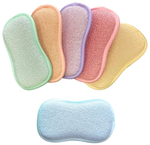 EPONGENIO 5+1 Offert - MYBO TV - Lot de 5 éponges + 1 Offerte Double Faces Réutilisables- Lavables en Machine - Anti Rayure et Multi Surfaces- Couleur Pastel - 11cmx17cm- Vu à la Télé