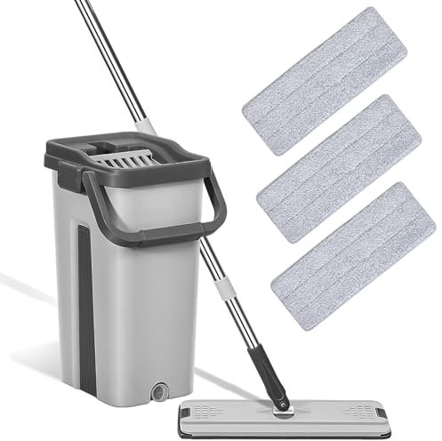Mocio Piatto Rotante 360° per Pulisci Pavimenti, Microfibra da 122 cm con Secchio a 2 Scomparti e Strizzatore Senza Mani, 3 Tamponi Inclusi (Bianco) – Perfetto per Pulire Pavimenti con Facilità