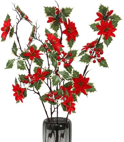 CYYZB 4 Stück Weihnachtsstern-Blumenzweige, Eingetopfte Weihnachtssterne, Künstliche Weihnachtsblumen, Künstliche Weihnachtsstern-Pflanzen, Künstlicher Weihnachtsstern-Bonsai für
