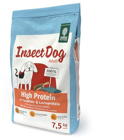 Green Petfood InsectDog High Protein (1 x 7,5 kg), per adulti, cibo secco di alta qualità per cani adulti attivi, proteine di salmone e insetti e lenti rosse, piccole crocchette, senza cereali,