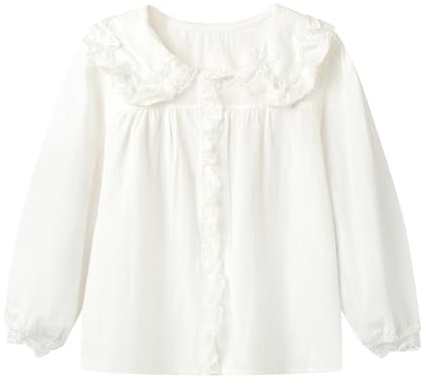 Mud Kingdom Big Girls Peter Pan Collar Blouse Lace Trim Shirt Long Sleeve School Uniform for Girl Cotton White 9-10 Years