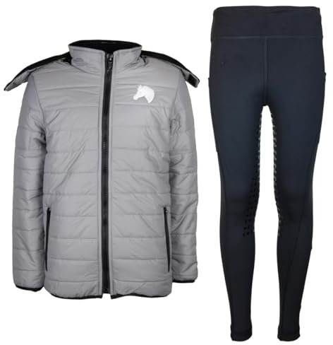 MS-Trachten Reitset Winter Kinder Reitjacke Moni Silber gesteppt mit Reitleggings Amy Schwarz (146/152)