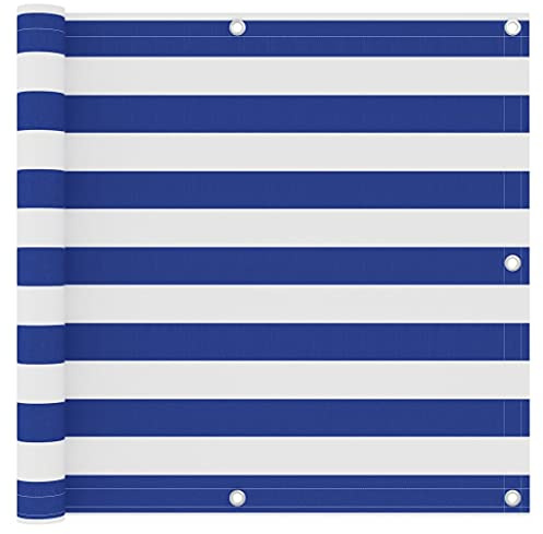 puraday Outdoor Sichtschutz 90x600 cm Garten mit Ösen Balkonbespannung Balkonsichtschutz UV-Schutz Windschutz Wasserfest Balkonverkleidung Balkonabdeckung mit PE Seil Weiß und Blau Oxford Gewebe
