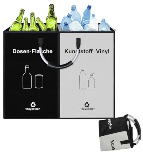 Pattumiera a 2 scomparti, 80 l, con manici in alluminio, pieghevole, raccoglitore per bottiglie, vuoti e rifiuti di vetro, sistema di raccolta differenziata a 2 scomparti, in plastica, vetro, colore