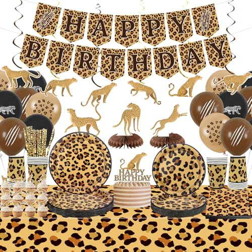 Décorations d'anniversaire guépard - Imprimé léopard - Fournitures de fête incluant bannière Happy Birthday - Guirlandes suspendues - Vaisselle - Nappe - Ballons pour la jungle - Safari Print Party