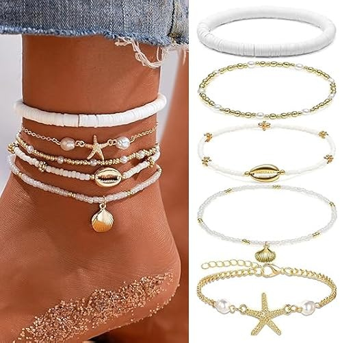 BelleVive 5-teiliges Boho-Muschel-Fußkettchen-Set für Frauen, 14 Karat Boho-Perlen, handgefertigt, verstellbar, Fußkettchen, Hawaii-Strand, Muschel, Seestern, Fußschmuck, Geschenke