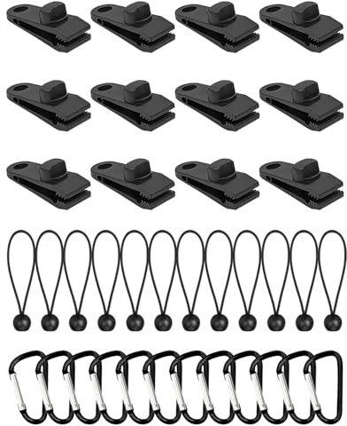 Set da 36 Clip per Teli, 12 Morsetti per Teli + 12 Corde Elastiche in Nylon + 12 Moschettoni, Impermeabili e Resistenti, per Campeggio, Tende, Amache, Piscine e Barche