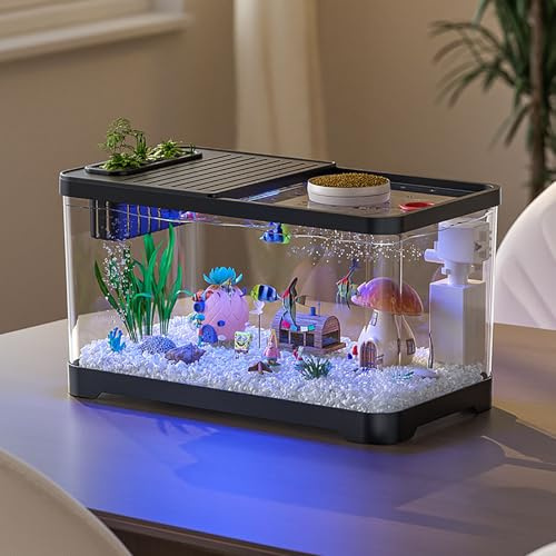Aquarium Komplett-Set, 38,8 * 21,5 * 21,2 cm Fischtank Mit LED, 3-in-1 Selbstreinigende Filter, Glasbecken Mit Deckel, Klein Aquaristik Dekor Für Zuhause, Büro, Wohnzimmer