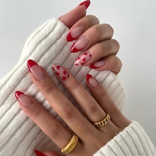 24Pcs Red Press on Nails - Red French Tip False Nails - Fit Perfectly & Natural Short Press on Nails Almond Shiny Gloss - Reusable Stick on Nails for Women Nail Art Decoration