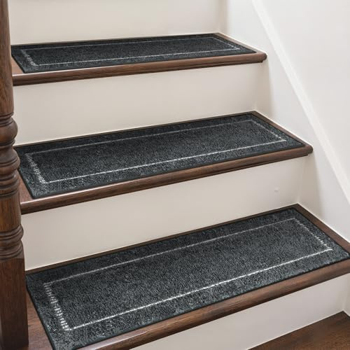 sarben Stair Treads 15-Pack, Non-Slip Self-Adhesive Stair Carpets for Wooden Steps, 20 x 76 cm Reusable Anti-Slip Stair Runners, Safety Mats for Kids, Elders & Dogs, Machine Washable, Darkgrey