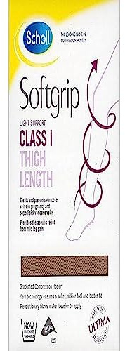 Scholl Softgrip Bas de compression légers Classe I pour femme – Longueur cuisse, bout fermé – Classe 1 – Naturel, extra large, bas pour voyage, varices, soulagement du gonflement