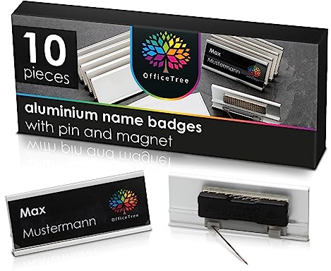 OfficeTree 10x Porte Badge Aimanté en Aluminium avec Épingle et Aimanté Attacher - Incluse 10x Cartes à Insérer pour Badge Personnalisé - Badges Porte Nom pour Salons, Séminaires