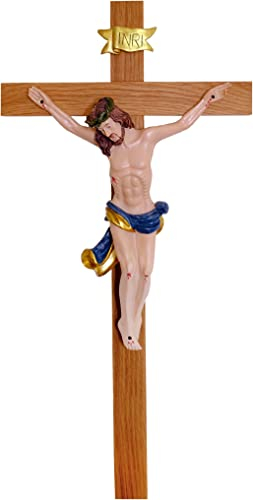 Kaltner Präsente Geschenkidee – Holzkreuz Wandkreuz Kruzifix aus Echtholz Buche Kreuz unbehandelt mit Jesus Christus Figur aus Kunststein handbemalt (Höhe 50 cm)