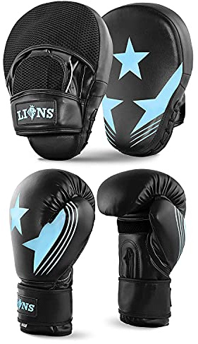 Lions Boxing Gloves and Pads - Hook & Jab Mitts Sparring Gloves Set Mma Punch Bag Training Kit (Max-Star Blue, 10oz)