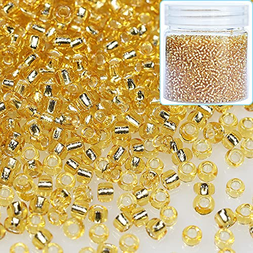 Bala&Fillic 12/0 Rocailles Perlen transparent Silber gefüttert 10000 Stück 110 Gramm,Golden Farben 2mm Glasperlen zum Auffädeln für Schmuckherstellung (Golden)