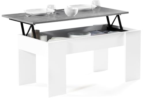 IDMarket - Niedriger Tisch mit rechteckiger Klappplatte Tara aus weißem Holz und Betoneffekt