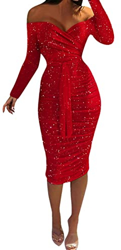 Bandeau Abiti di Raso per Donna Vestito Stretto - Glitter Donna Elegante Spalle Scoperte a Maniche Lunghe Bodycon Abito Midi Abito con Paillettes con Cintura, Vestito da Festa, Abito da Sera, Abito da