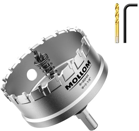 Mollom (3-1/8''|80mm) kraftig hålsåg i hårdmetall med 2 pilotborr, hålskärare skär rostfritt stål, mjukt stål, järn, koppar, mässing, plast