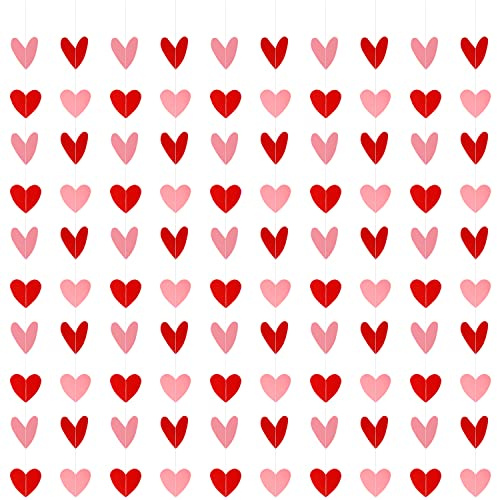 CCINEE 10 Pack Valentines Red Pink Heart Hanging Garland Banners Paper Heart Hanging String Garlands Valentine Hanging Heart Decoration for Valentine's Day Wedding Engagement Home Party Decor