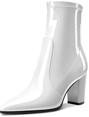 Aachcol Mujer Caña Media Botas Puntiaguada Punta Alto High Chunky Ancho Heel Charol Cremallera Blanco 8 CM 37 EU