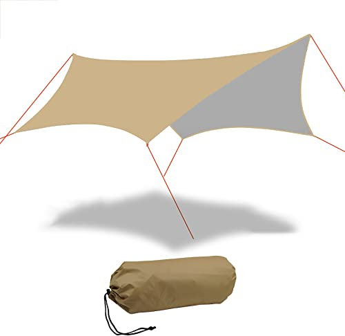 SLDAGe Tarp Wasserdicht, 4,5x4,5m Camping Zeltplane, Anti-UV Schnee Regen Sonnen Schutz, Ultraleicht Tragbare Camping Planen für Hängematte, Outdoor Aktivitäten,Beige