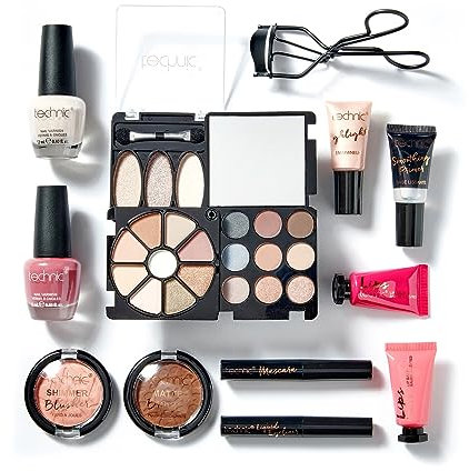 Technic Cosmetic Bag Set - Full Make Up Kit - 14 Mini Essentials for Eyes, Lips, Face & Nails In a Portable Storage Bag - Perfect For Overnight Trips and Holidays - Vegan and Cruelty Free