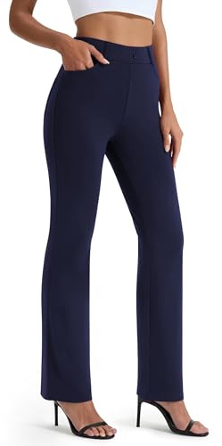 AFITNE Women's Straight Leg Work Trousers - Tummy Control Bootcut Yoga Pants for Women, Ladies Workout Office Yoga Work Trousers with 4 Pockets - 31 Inches - NavyBlue L