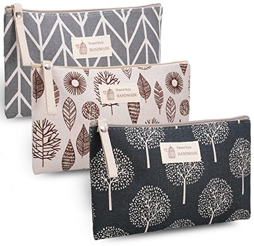 3 Stück Kosmetiktasche aus Leinwand, Multifunktional Klein Schminktäschchen Reise-Kulturtasche, Damen Make up Tasche mit Reißverschluss, Organizer Tasche (Natürlicher Stil, 3)
