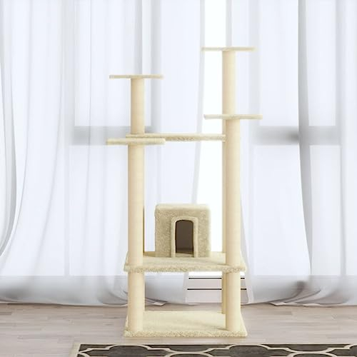 LAPOOH Kratzbaum mit Sisal-Kratzsäule, Katzenkratzbaum, Kletterwand, Kratzbäume Für Katzen, Kratzstamm, Kratzbaum Deckenspanner,n Creme 110 cm -at