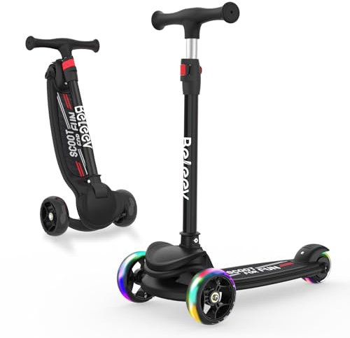 BELEEV A8 Scooter Roller Kinder 6 Jahre, Faltbarer Premium Dreiradscooter mit LED Leuchträdern, 4 Höhenverstellbarer, Extra-breite & Rutschfeste Plattform, 3 Räder Roller für Mädchen Jungen 3-12 Jahre