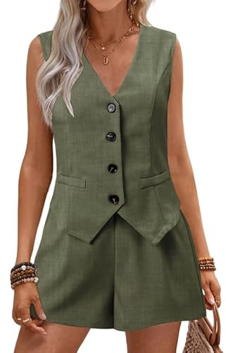 LCDIUDIU Tvådelat set för kvinnor, beige, ärmlös, V-ringad, kort kavaj med knappar, väst, sexiga shorts, sommarkläder, kontorsarbetsset, Army Green, S