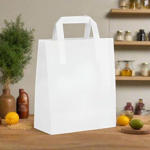 HOT BARGAINS White Paper Carrier Bags with Flat Handles, 250 Pack Medium 22 x 8 x 24 cm, Recyclable Shopping Bags