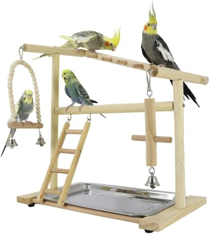 Parque para Aves - Poste Vertical Escaleras Columpios,con Bandeja Y Taza De Acero Inoxidable Extraíbles Y Percha De Juego para Cacatúas - para Masticar Forrajeo Entrenamiento para Periquitos