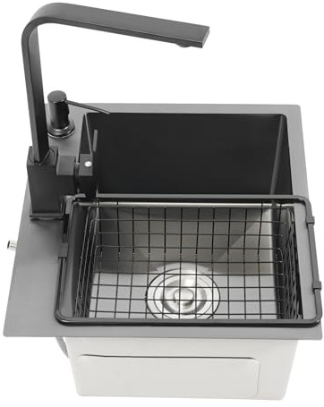 Yikmid Negro 40 x 45 cm, fregadero de cocina de acero inoxidable 201, rectangular, moderno fregadero de acero inoxidable, fregadero de cocina con grifo de agua caliente y fría, dispensador de jabón