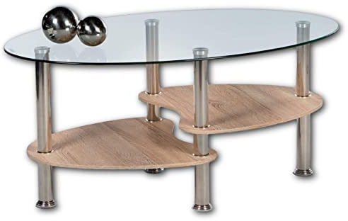 Stella Trading PANTY Couchtisch Glas oval mit zwei Ablagen in Eiche Sonoma Optik - geräumiger Glastisch für Ihren Wohnbereich - 90 x 42 x 55 cm (B/H/T)