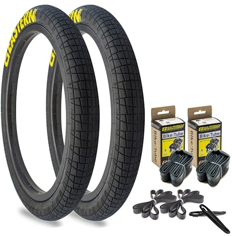 Eastern Bikes Throttle 20 inch BMX Tires Available with or Without Tubes, 2.2, 2.3 and 2.4 Inch Widths, White or Yellow Logo. (2.3 Yellow Logo, 2 Pack with Tubes)
