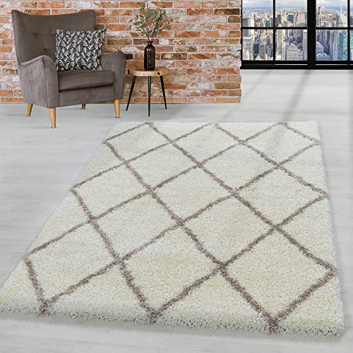 HomebyHome Teppich Wohnzimmer und Schlafzimmer Shaggy Teppich Skandinavisch Raute Design Creme und Braun 200x290 cm (200x300 cm)- Hochflor Teppich Extra Weich Pflegeleicht - Carpet Living Room