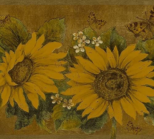 Dundee Deco DDAZBD9004 - Bordo adesivo per carta da parati, motivo floreale, giallo, senape, girasoli, farfalle, design retrò, 4,57 m x 17,78 cm, autoadesivo