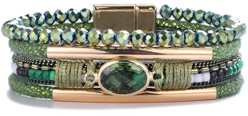 FANCY SHINY Leather Wrap Bracelets Crystal Beads Bracelet Boho Cuff Stone Charm Bracelets with Clasp Costume Jewelry for Women(Dark Green)