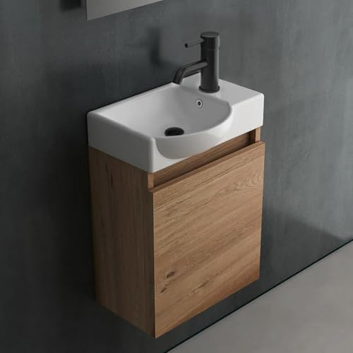 Alpenberger Gäste WC Waschbecken mit Unterschrank Keramik 45x25 cm Bamboo | Gäste WC Möbel aus Keramik & MDF: kleiner Waschtisch hängend mit Soft-Close Tür, Überlauf & grifflos – Links Becken