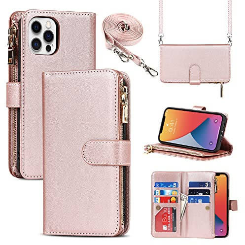 CAVOR HandyHülle kompatibel mit iPhone 12 Pro Max Hülle Mit Band,Flip Leder Geldbörse Hülle Mit Handykette,[9 Kartenfach][Magnetisch],Klappbar Handytasche - Roségold