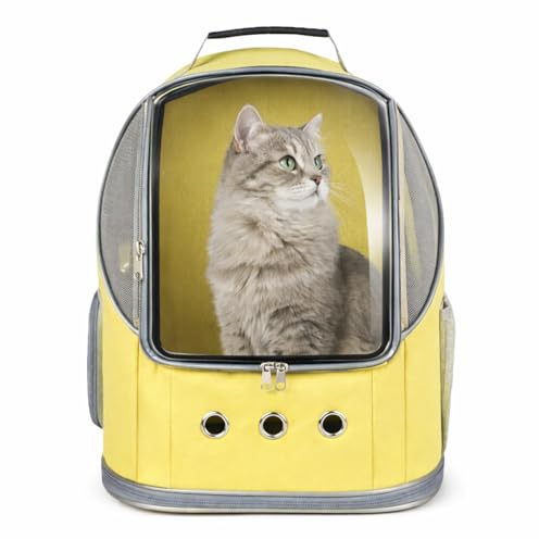 Blue Eyes Haustier Rucksack mit großem Sichtfenster, Atmungsaktive Transporttasche für Katzen & kleine Hunde, Raumkapsel Design, Sicherheitsleine, Seitentasche & Mesh-Belüftung, bis 7 kg – Gelb