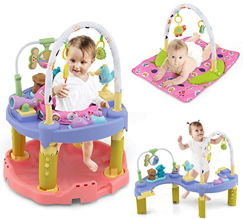 HONEY JOY Baby Bouncer Activity Center, 3-Stage Bouncing Activity Saucer & Playtime Mat & Activity Table, Toy-Bar, 3 Adjustable Heights, Foldable Activity Center for Infants & Toddlers(Pink)
