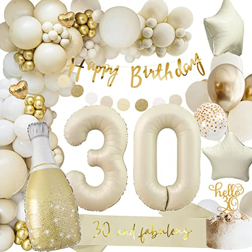 30 Geburtstag Deko Frauen Männer, Geburtstagsdeko 30, Beige Gold Ballon Deko mit Happy Birthday Girlande, Luftballons für 30. Geburtstag Dekorationen